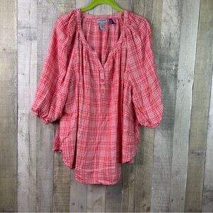 Catherine’s 3X Petite 1/2 Sleeve Salmon & White Peasant Top